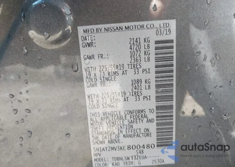 2019 Nissan Rogue Sl from USA, damaged, VIN 5N1AT2MV3KC800480